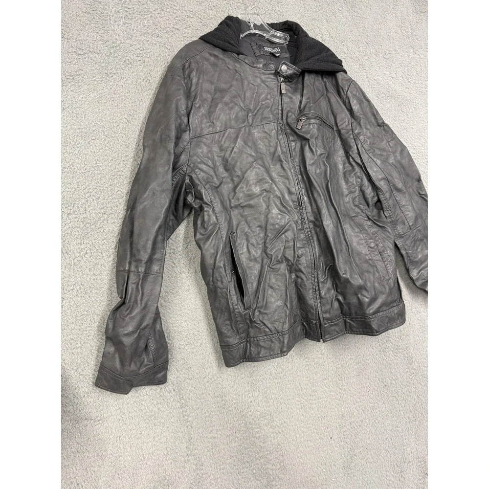 Kenneth Cole Reaction Jacket Mens 2XL Black Faux Leather Hooded Moto Zip‎ Bomber